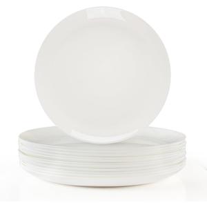 Dinner Plates Set of 12, 10-1/2 inch Glass Salad Plate Set Scratch Resistant, Kitchen White Plates for Serving Dishes, Microwave and Dishwasher Safe