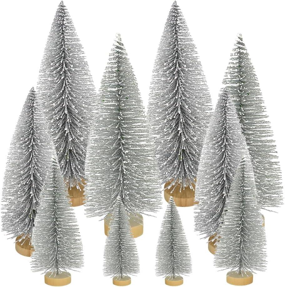Yahpetes Christmas Trees 10 Pcs Bottle Brush Christmas Trees 5 Size Artificial Christmas Sisal Snow Frost Trees Pine Trees with Wood Base for Tabletop Christmas Party Home Indoor Decor(Silver)