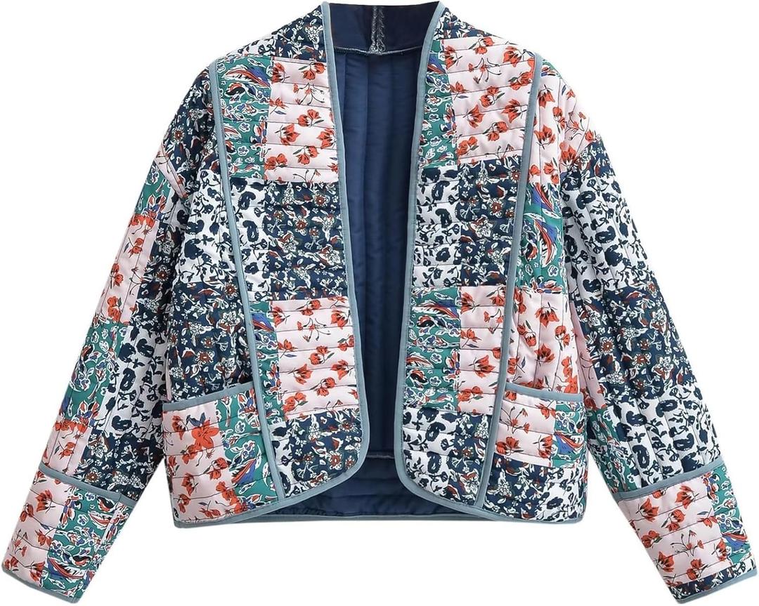 Wyeysyt Women's Cropped Puffer Quilted Jacket Cardigan Floral Printed Lightweight Long Sleeve Open Front Short Padded Coats (Red, L)