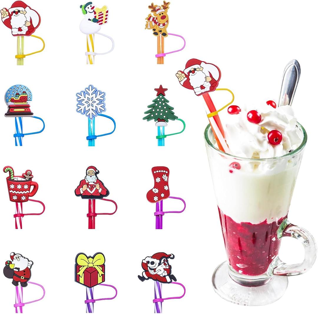 12 Pcs of Christams Straw Cover Cap, 8mm Cartoon Straw Cup Accessories, Reusable Silicone Dust Cover, Perfect for Holiday Parties