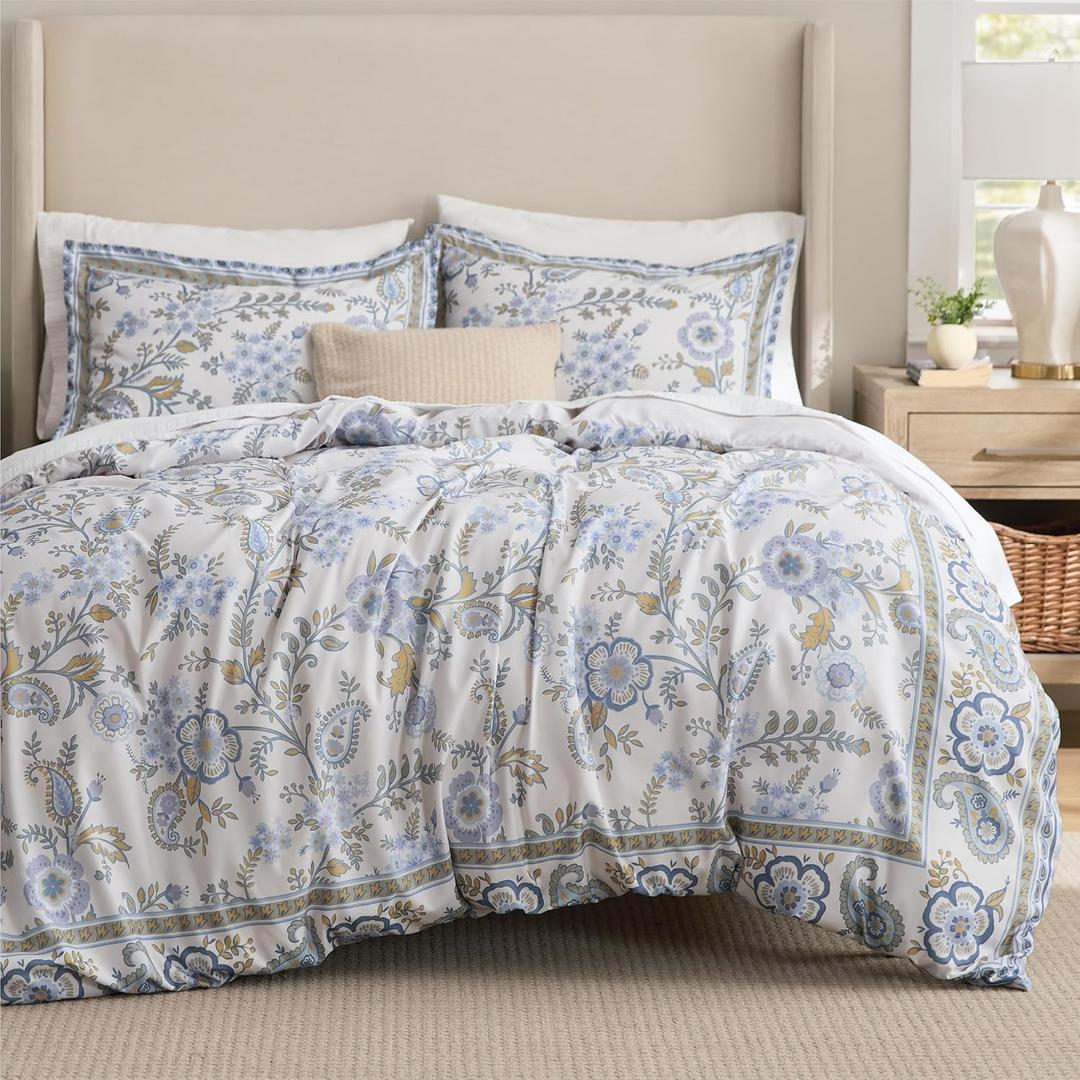 Bedsure Comforter Set Queen Size - Cute Floral Bedding Comforter Set, 3 Pieces, 1 Soft Reversible Beige Gardern Paisley Flowers Comforter and 2 Pillow Shams