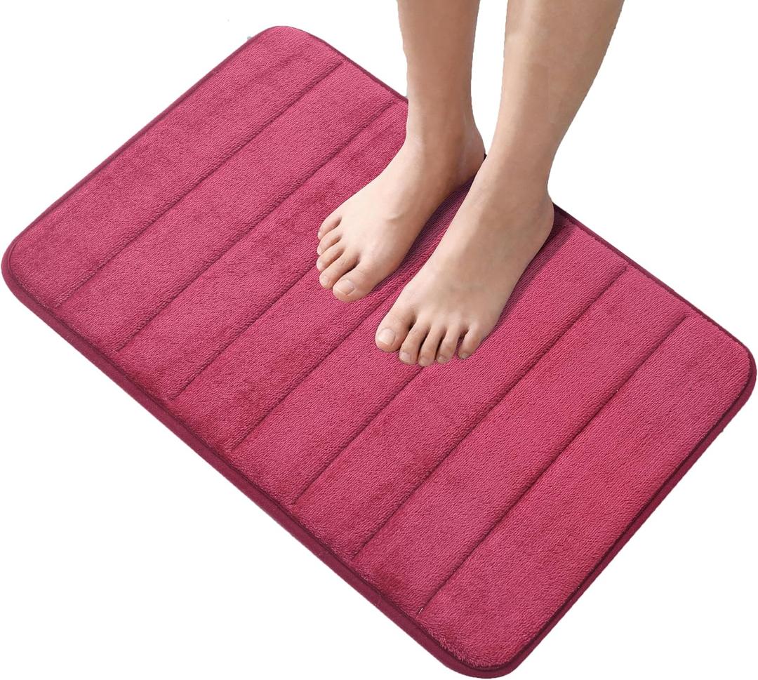 2 x Memory Foam Bath Mat, 24x16 Inches, Super Absorbent Soft Bathroom Rug for tub, Quick Drying Non-Slip Door mat Floor Cushion,Machine Washable, Thick1 Piece-Striped Wine Red