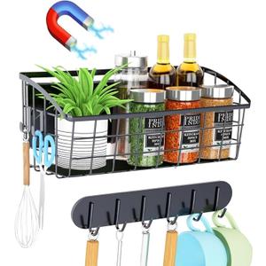1Pack Magnetic Shelf for Refrigerator, with 2 Moveable Hooks and 1 Hook Rack, Magnetic Fridge Shelf, Fruit Potato Onion Storage Shelves, Large Magnetic Spice Rack Organizer for Fridge, Oven, Laundry