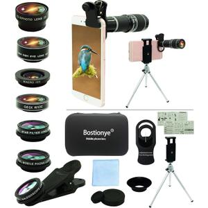 Cell Phone Camera Lens Kit,11 in 1 Universal 20x Telephoto 0.63Wide Angle 15X Macro 198Fisheye 2X Telephoto Kaleidoscope CPL Starlight Eyemask Tripod,for Most iPhone Smartphone (Black)