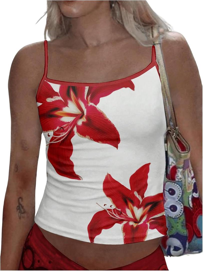 WDIRARA Women's Floral Print Cami Top Spaghetti Strap Crop Tops Flowers Camisole