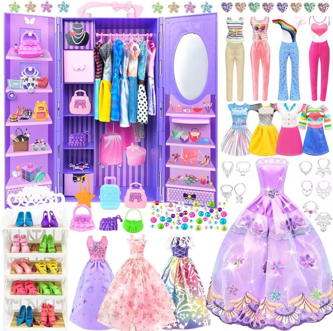 75 Pack Doll Clothes and Accessories with Doll Closet for 11.5 Inch Doll Fashion Design Kit Girl Doll Dress Up Including Wedding Dress Fashion Dress Outfits Tops and Pants Shoes Hangers Bags Necklaces