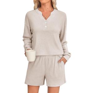 Womens Ribbed Knit 2 Piece Lounge Sets Outfits Long Sleeve Top and Shorts Pajama Sets Loungewear with Pockets