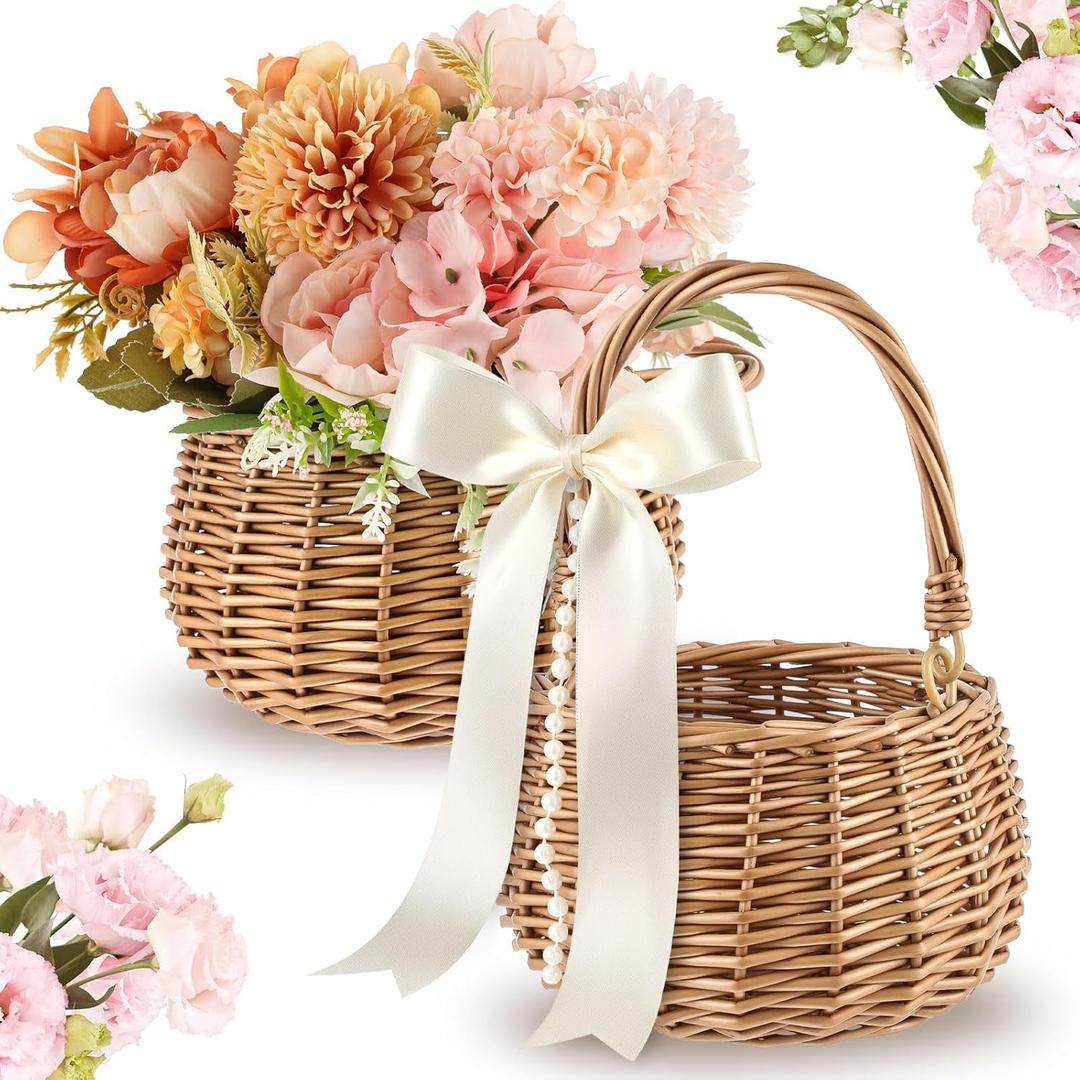 Weysat 2 Pcs Small Flower Girl Basket with Handle, Pearl and Bow, Wicker Rattan Flower Basket Set, Rustic, Cute, Hand Woven for Wedding Girl Home Decorations Picnic Garden Candy Sweets Gifts Storage