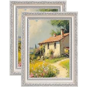eletecpro 5x7 Picture Frames Set of 2, Vintage Photo Frames with Real Glass, Displays 4x6 Photo with Mat or 5x7 without Mat for Tabletop or Wall Decor, Silver Beige
