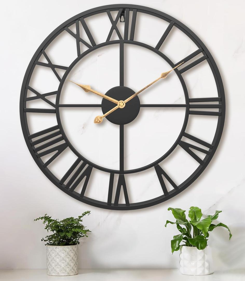 24 Inch Large Oversized Farmhouse Modern Decorative Wall Clock for Living Room,Silent Industrial Big Roman Numerals Vintage Metal Round Wall Clocks for Kitchen,Dinng Room,Office (Black Roman)