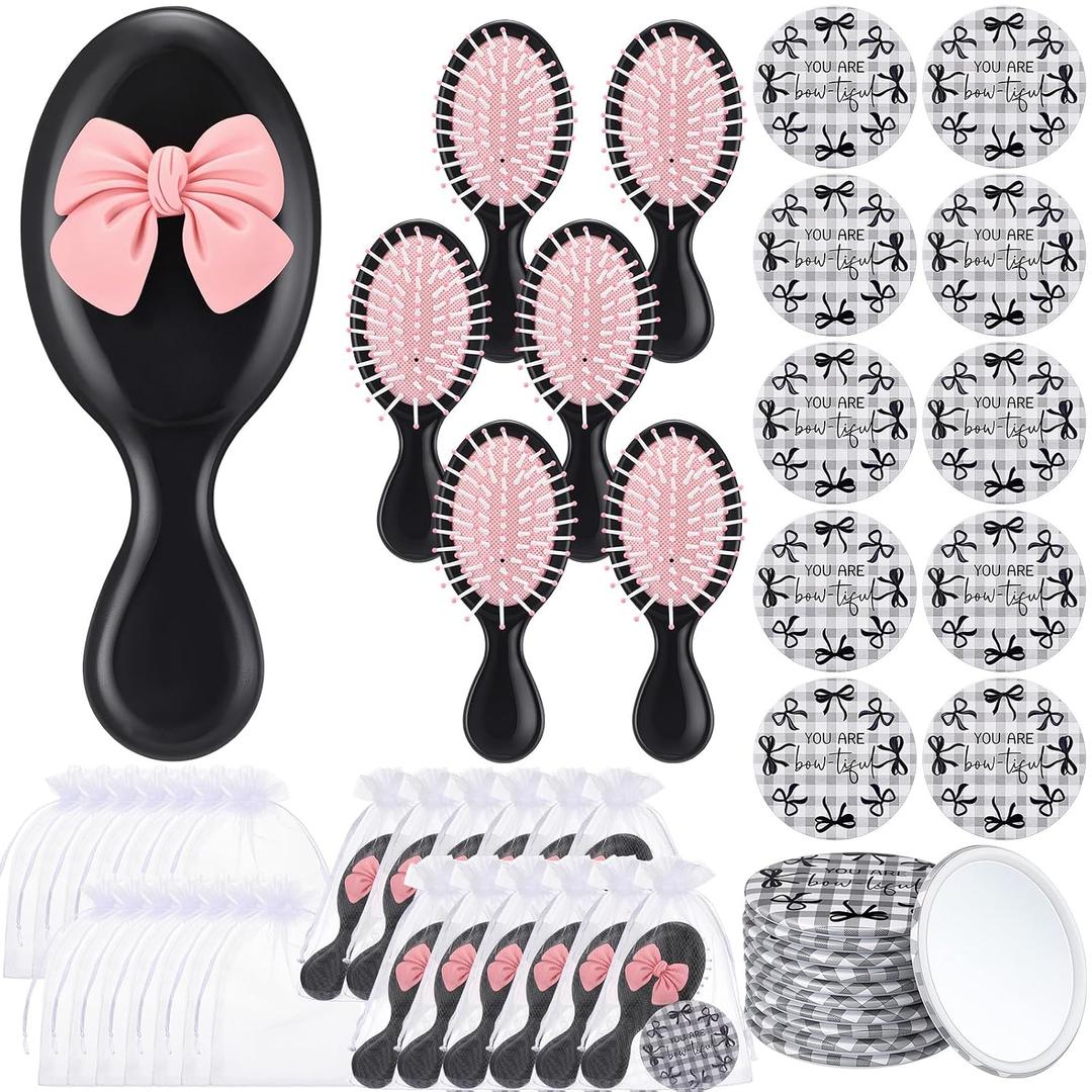 Wonderjune 72 Pcs Wedding Supplies Coquette Party Favor Bow Hair Brush Compact Mirror Organza Bag Inspirational Black Aesthetic Preppy Gift Women Birthday Bridal Baby Shower Wedding Party Decoration
