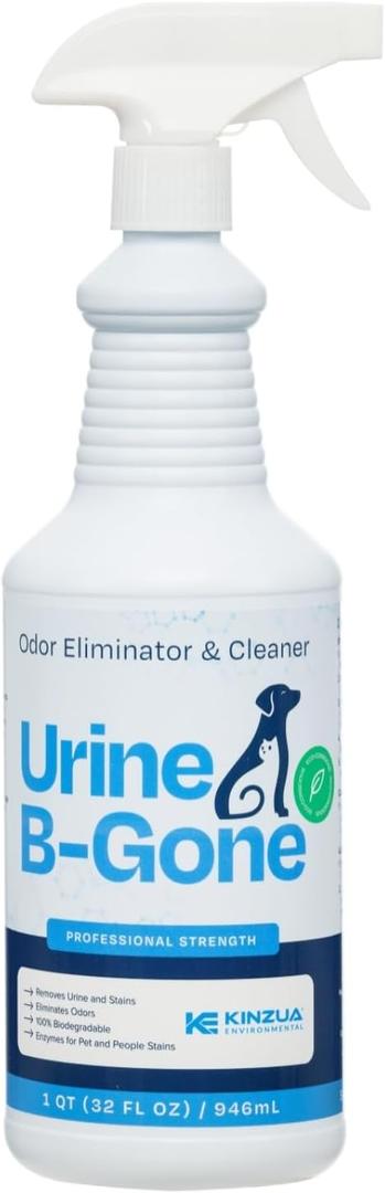 KINZUA ENVIRONMENTAL Urine B-Gone, Professional Enzyme Odor Eliminator & Pet Stain Remover, Human, Cat & Dog Urine Cleaner, Effective on Laundry, Carpets & More, Original Scent, 32oz (32 Fl Oz (Pack of 1))
