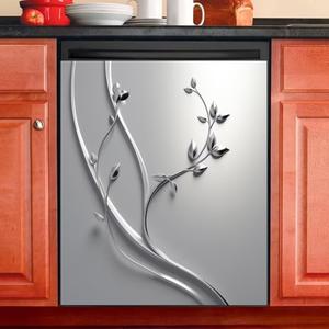 Metal Silver Leaf Vines Magnetic Panel Decal,Gray Stainless Steel Texture Dishwasher Cover,Dishwasher Sticker Kitchen Art Fridge Door Skin,Dishwasher Magnet Cover Home Decor Decal,Vinyl Sticker, 23W x 26H