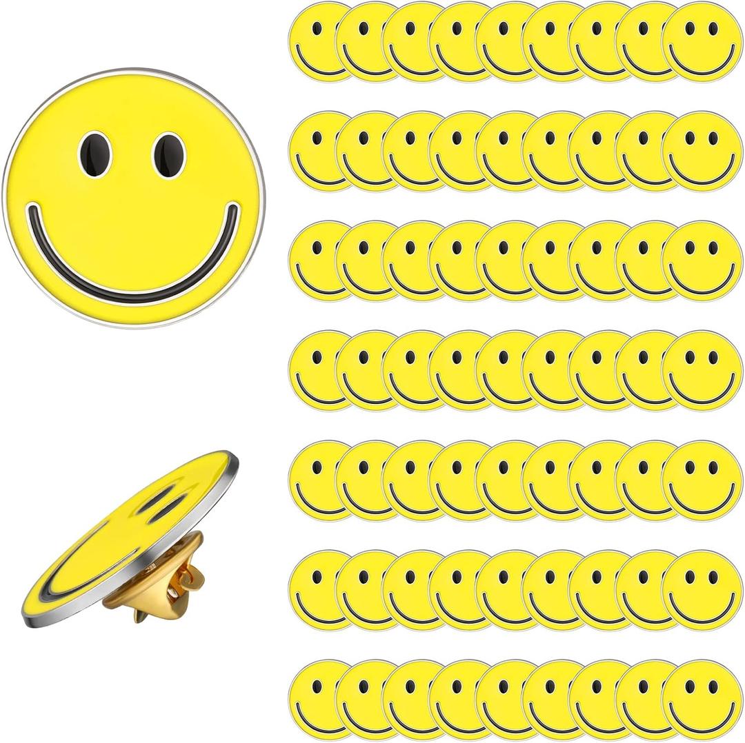 60 Pack Happy Face Lapel Pins Bulk Cute Smile Pinback Buttons Funny Teacher Pins for Students Kids Clothes Backpacks Decoration (Yellow)