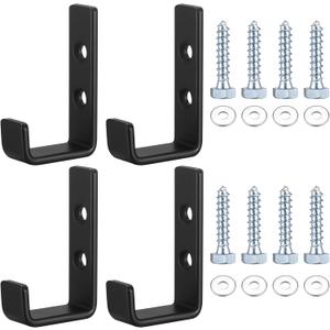 Heavy Duty Garage Hooks for Hanging, 4pcs Black Garage Storage Wall Mount J Hook Heavy Duty, J Utility Hooks for Extension Cord Tool Cable, Clothes, Keys Hook (4Pcs)