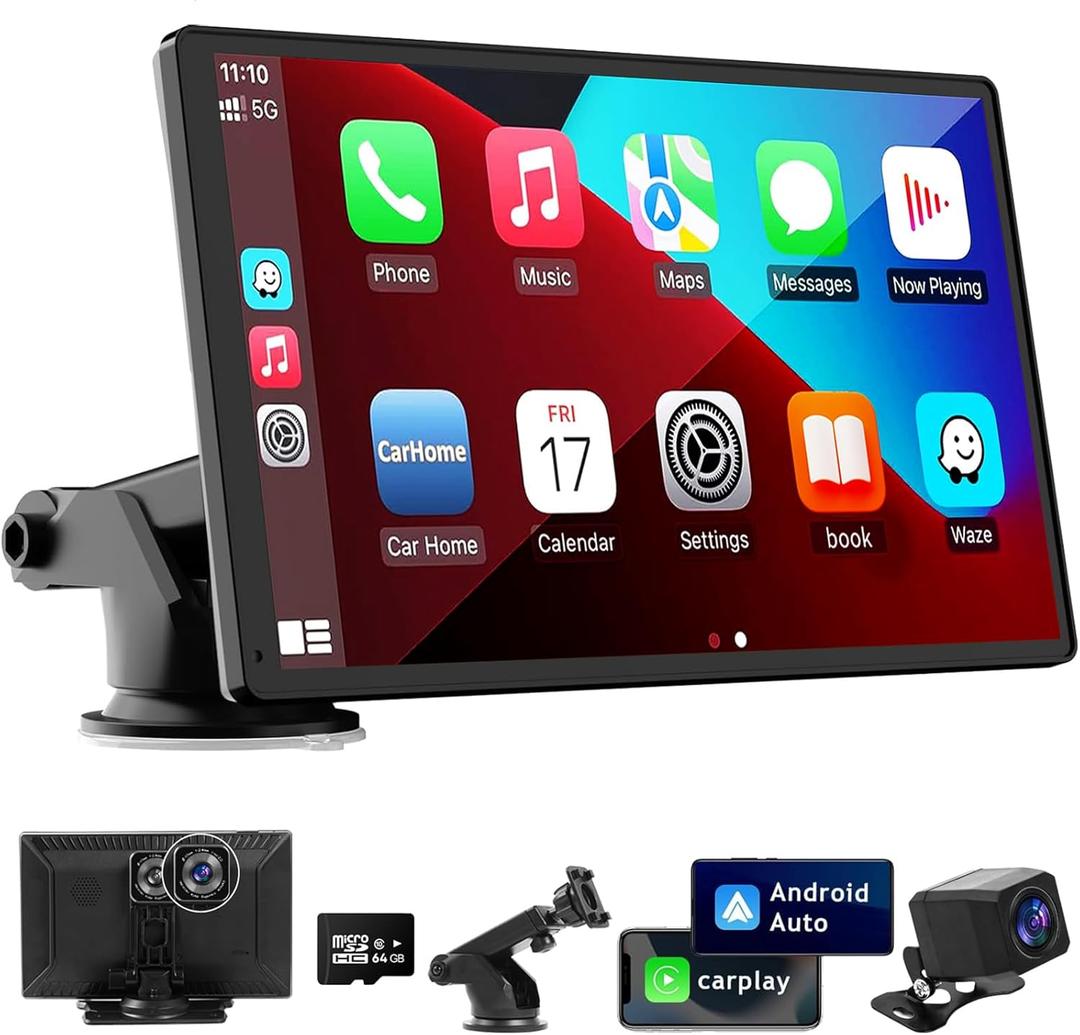 9 Inches Wireless Apple Carplay Touch Screen for car with 4K Dash Cam,Universal Wireless CarPlay Screen for Old Car,Portable Car Play & Android Auto Car Screen With1080p Backup Camera