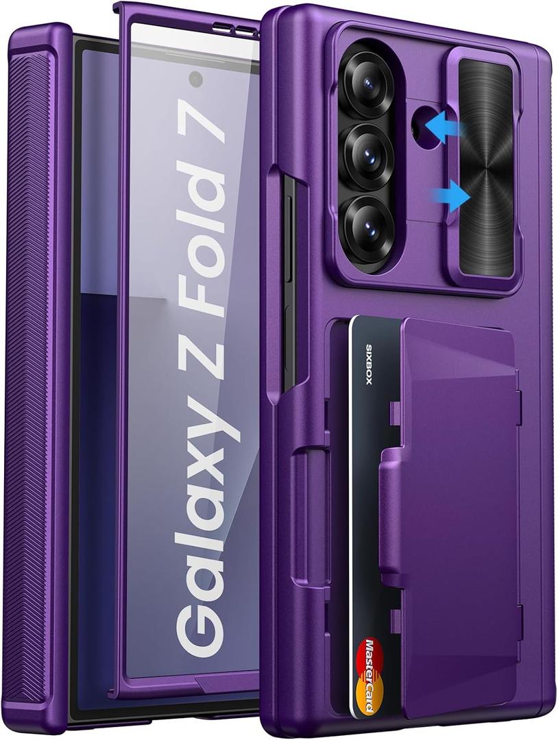 for Samsung Galaxy Z Fold 7 Wallet Case, Built-in Hinge Protection & Slide Camera Lens Cover & Card Holder & Screen Protector, Full Body Protective Hard Phone Case for Samsung Z Fold 7, Purple