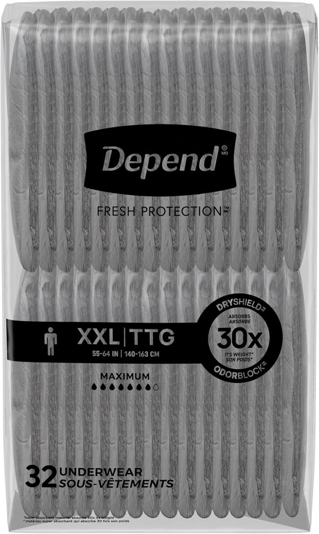 Depend Fresh Protection Adult Incontinence Underwear for Men, Disposable, Maximum, Extra-Extra-Large, Grey, 64 Count, Pack Of 2