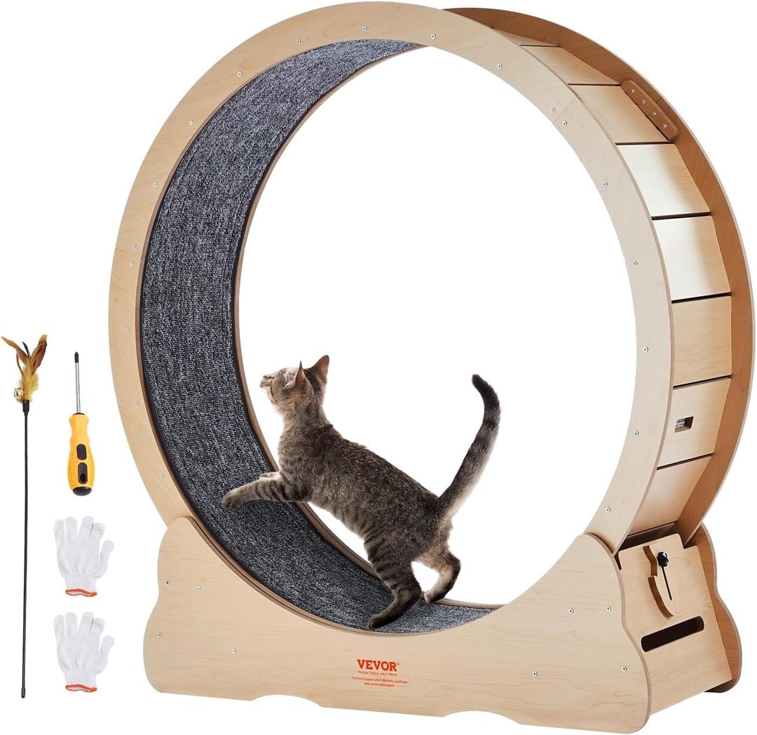 VEVOR Wooden Cat Exercise Wheel, 43.3" Large Cat Treadmill Wheel for Indoor Cats, Cat Running Wheel with Detachable Carpet & Cat Teaser for Running/Walking/Training, Suitable for Most Cats Yellow