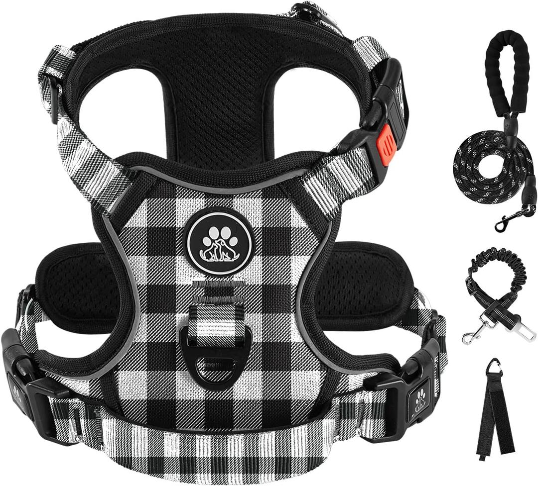 IVY&LANE No Pull Dog Harness with Leash Set, Reflective No Choke Pet Vest,Adjustable Oxford Dog Vest Harness with Easy Control Handle for Large Dogs (Checkered Black,L)