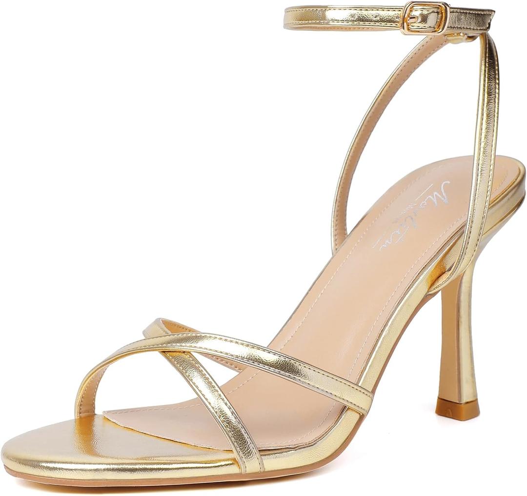 Mostrin Strappy Heels for Women Lace Up Ankle Strap Round Open Toe Stiletto High Heels Women's Heeled Sandals for Prom, Party, Daily Gold 7.5