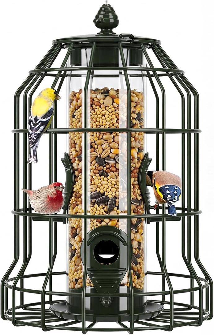 Bird Feeder Cage for Wild Birds Outside, Squirrel Resistant Bird Feeders with 4 Perches,25 oz Chew Proof and Rust Proof Wild Bird Feeders for Small Birds Only(Green)