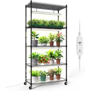 Bstrip Plant Shelf with Grow Light, 5-Tier Plant Stand with T8 24W Grow Light for Indoor Plants with Wheel, Grow Light Shelf with Timer for Indoor Plant, Seedling, Seed Starting, 29.5x13.8x59IN