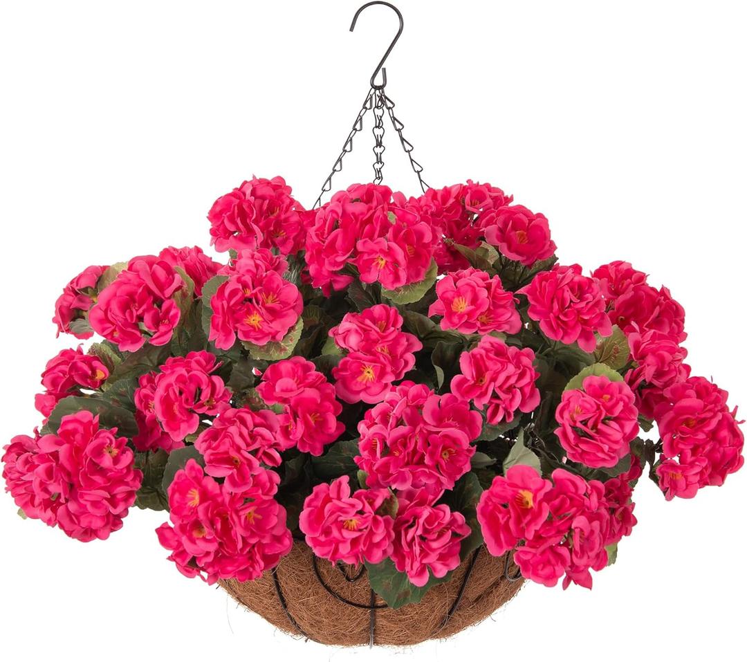 INSPRING Geraniums Artificial Flowers Hanging Basket for Outdoors Outside Spring Decoration, 8 Bundles Silk Flowers Fake Plants Look Real UV Resistant for Porch Home Patio Balcony Yard, Hotpink