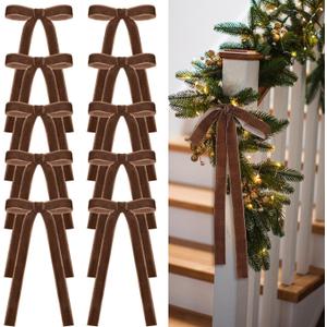 Brown 24 Pcs Velvet Bows Christmas Tree Ornaments Valentines Day Bows Decoration for Garland Home Coquette Wedding Decor (9 x 13 Inch,Width of 1")