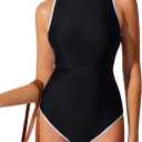 RXRXCOCO Women Tummy Control One Piece Swimsuit Ruched Slimming Bathing Suit Color Block High Neck Full Coverage Swimwear (Black&white) XL