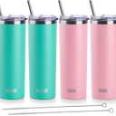 koodee 20 oz Stainless Steel Skinny Tumbler(4 Pack) Double Wall Insulated Water Tumbler Cup with Lids, Straws and Straw Brushe（Teal/2 Pack, Pink/2 Pack）