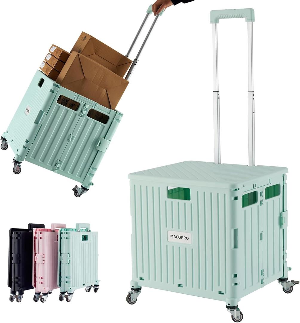 MACOPRO Folding Utility Cart Portable Rolling Crate Handcart Shopping Trolley Collapsible Tool Box, with Lid, Basket on 4 Rotate Wheels, for Grocery, Office, Teacher, Travel Shop Move Luggage (Green)