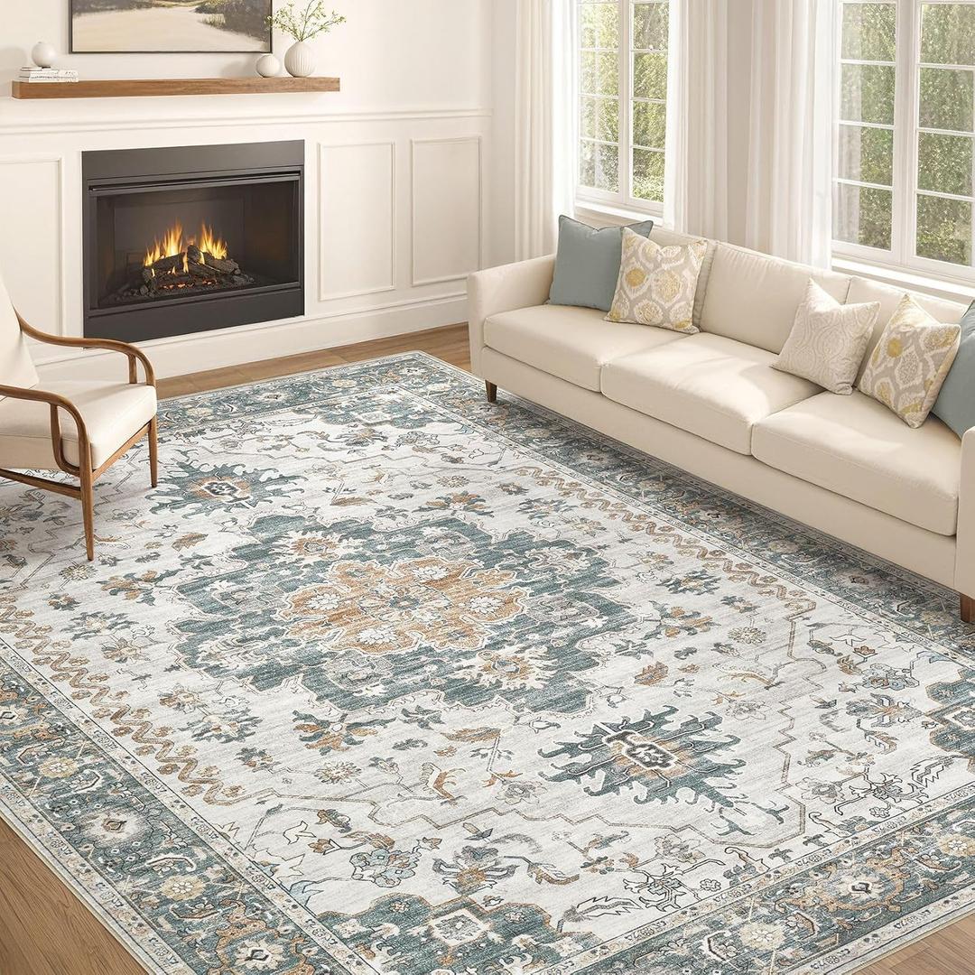 EIEIHOUSE Washable Area Rugs for Living Room -10x12 Neutral Vintage Distressed Floral Farmhouse Boho Large Soft Floor Rug Indoor Non Slip Carpet for Living Room Bedroom Dining Room Office -Green/Grey
