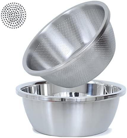 304 Stainless Steel Microporous Colander,2QT Large Capacity with Mixing Bowl For washing vegetables, fruit and rice and for draining cooked pasta(2PC)