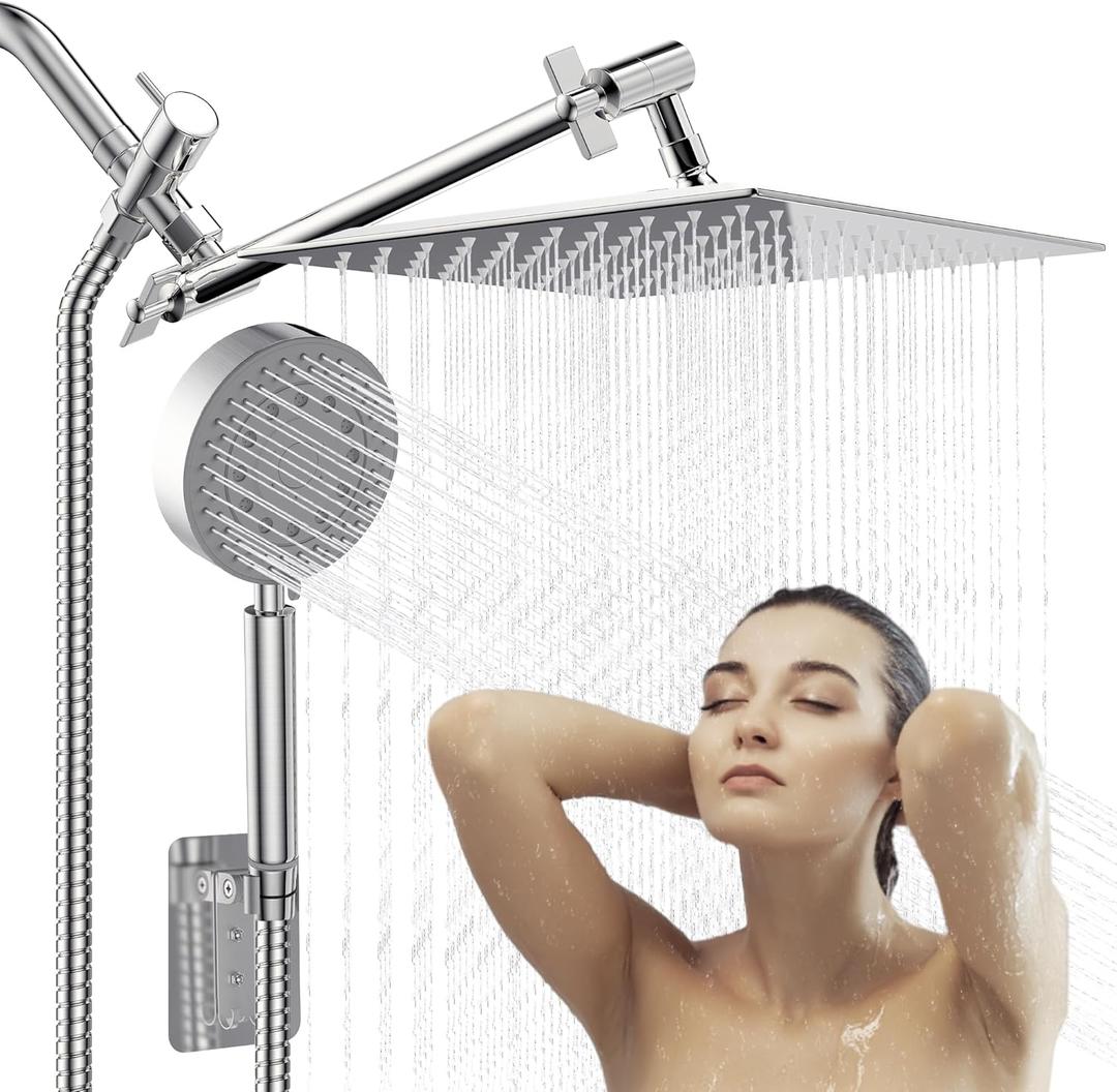 Shower Head with Handheld Combo 10" Chrome High Pressure Rain Shower Head 11" Adjustable Extension Arm and 5 Settings Adjustable SUS 304 Handheld Showers with 59" Hose, 2-in-1 Shower Holder