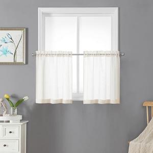 Lecloud Doris Slub Textured Linen Sheer Cafe Curtains 24 Inch Length 4 PCS, Double Rod Pockets Window Living Room Curtain Tiers, Solid Gauzy Cupboard/Bathroom/Bedroom/Kitchen Valance, 30W x 24L, Pack of 2