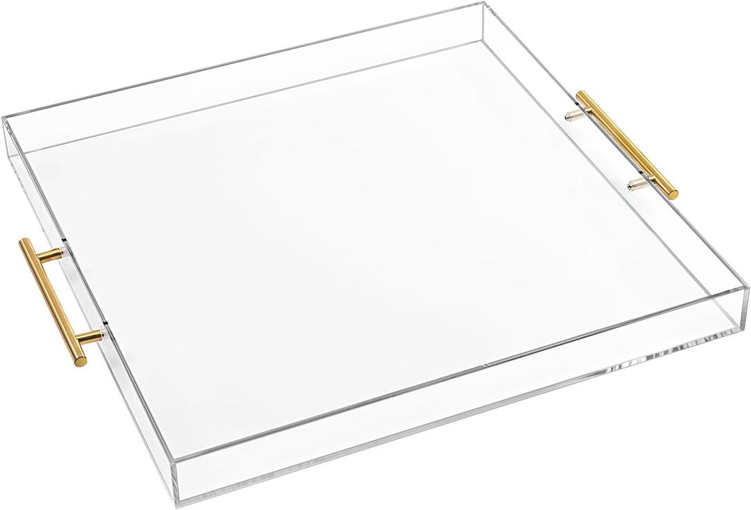 Extra Large Clear Acrylic Serving Tray (1818 Inches) with Gold Handles Spill Proof Acrylic Over Size Big Decorative Tray Organiser for Ottoman Coffee Table Countertop (18x18 Inches)
