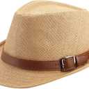 FALETO Straw Fedora Hat Classic Panama Trilby Hats Short Brim Sun Hat for Men Women (One Size, #01 Khaki)