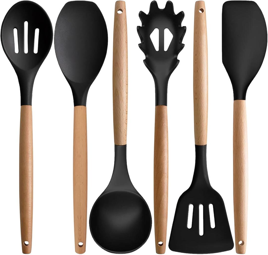 Silicone Kitchen Utensils Set of 6, Cooking Utensils Set with Heat Resistant Wooden Handle, Nonstick Silicone Spatula Spoon Turner Ladle, Cooking Kitchen Gadget for Cookware & Baking BPA FREE (Black)