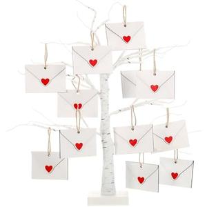 AceOrbit 12 Pcs Valentine's Day Wooden Envelope Ornaments, White Envelope Red Heart Tree Decorations, 9.8ft Jute Twine for Hanging, Heart Ornaments for Valentines Decor, Indoor Outdoor Tree Decoration