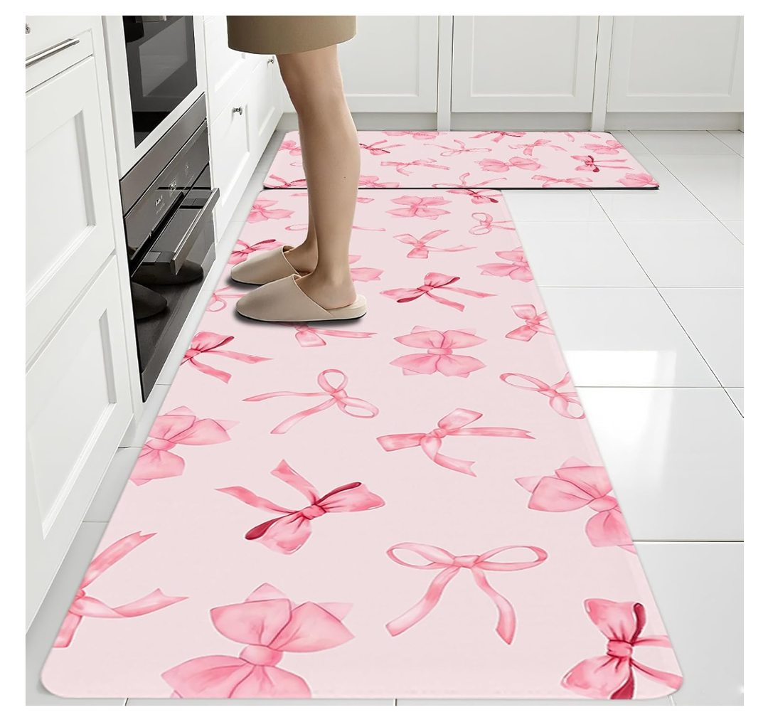 Bow Rugs for Kitchen Floor, 2PCS Anti Fatigue Pink Bow Mats for Kitchen Floor Rubber Non Slip, Washable Cushioned Bowknot Carpet Rug for Sink Laundry Gifts for Christmas 15.7"×27.5" +15.7"×47" 3.5mm