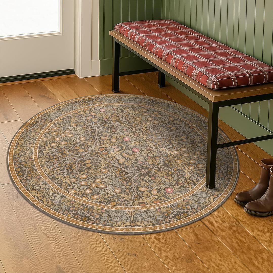 Gold Brown 3ft Small Round Rug for Entryway Indoor, Vintage Washable Area Rug for Kintchen, Bathroom - Non Slip with Rubber Backing, Floral Pattern Low Pile Soft Carpet