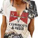 Cowboys & Beer Shirt for Women Country Music Tshirt Vintage Western Steer Skull Graphic Tees Cowboy Rodeo Blouse Top Size XL
