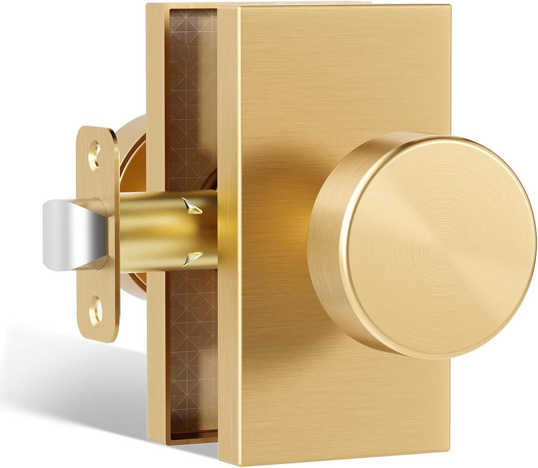 Satin Brass Door Knobs Interior, Modern Round Passage Brushed Gold Brass Door Knobs Door Handles Contemporary for Hall and Closet Rectangle