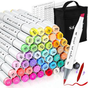 SFAIH Alcohol Markers Brush Tip & Chisel Tip - 49 Colors Double Tipped Art Markers for Adult Coloring Books Illustration, Gifts for Artist Adult - Refillable Alcohol-based Ink
