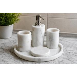 Premium White Marble Bathroom Accessories Set | 5 Piece Bathroom Set with Liquid Soap Dispenser, 2 Toothbrush Holders, Soap Holder & Marble Tray | Elegant Bathroom Countertop Organizer