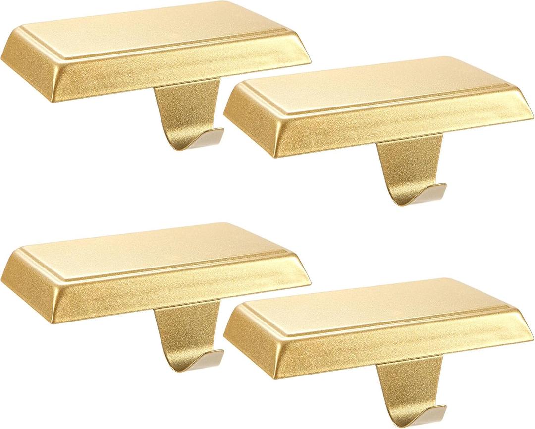Sunshane 4 Pieces Christmas Stocking Holders Mantel Stocking Hanger Hooks Fireplace Mantle Metal Hang Bases for Xmas Party Decorations (Gold)