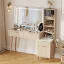 Fluted Makeup Vanity Desk with  Mirror and 3 Modes Lights, Glass Top Dressing Table with Jewelry Organizer Cabinet, Storage Cabinet, Drawers, Charging Station for Bedroom, Oak