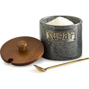 LYEOBOH Sugar Bowl with Lid and Spoon, Sugar Jar Porcelain Salt Bowl with Wood Lid and Stainless Steel Spoon,Ceramic Sugar Bowl 15oz Coffee Canister Kitchen Decor, Grey