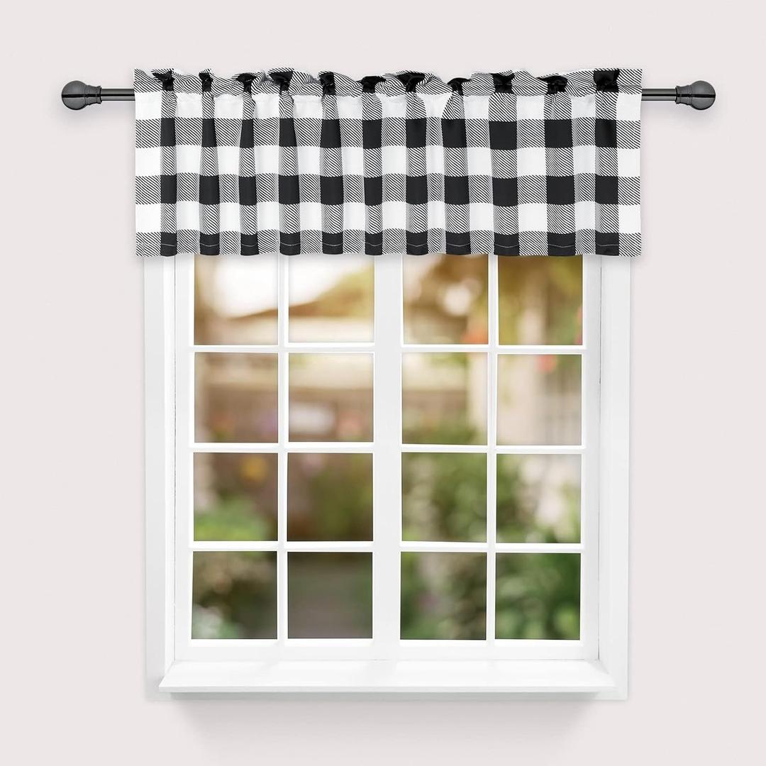 Simple Deluxe Buffalo Plaid Blackout Valances Curtains for Kitchen Windows, Living Room, Farmhouse, Bedroom, Rod Pocket Kitchen Curtain Valance, 52" W x 15" L, Black&White